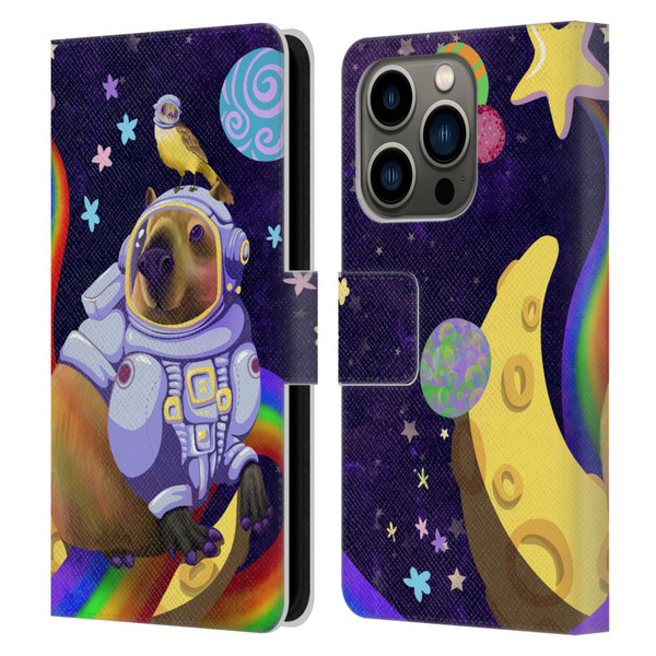 Carla Morrow Rainbow Animals Capybara Sitting On A Moon Leather Book Wallet Case Cover For Apple iPhone 14 Pro
