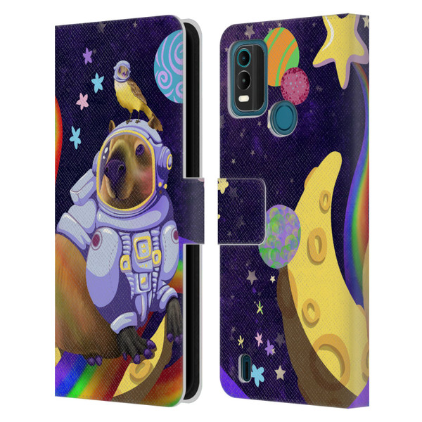Carla Morrow Rainbow Animals Capybara Sitting On A Moon Leather Book Wallet Case Cover For Nokia G11 Plus