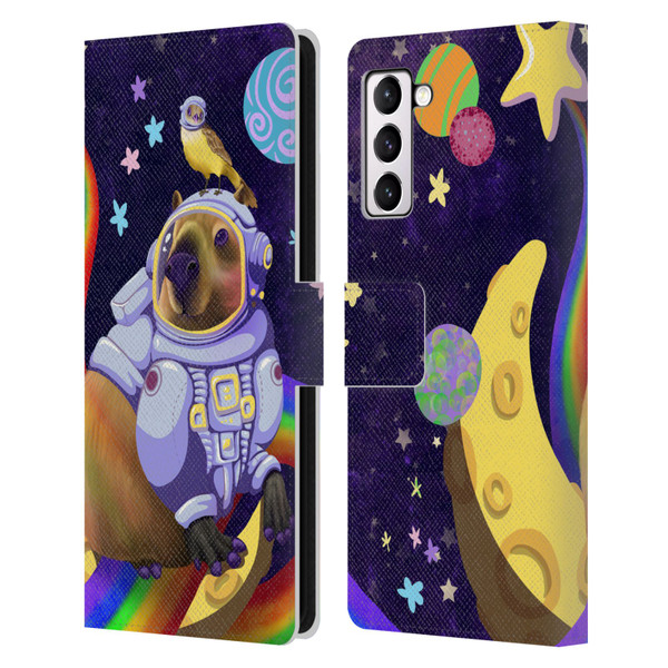 Carla Morrow Rainbow Animals Capybara Sitting On A Moon Leather Book Wallet Case Cover For Samsung Galaxy S21+ 5G