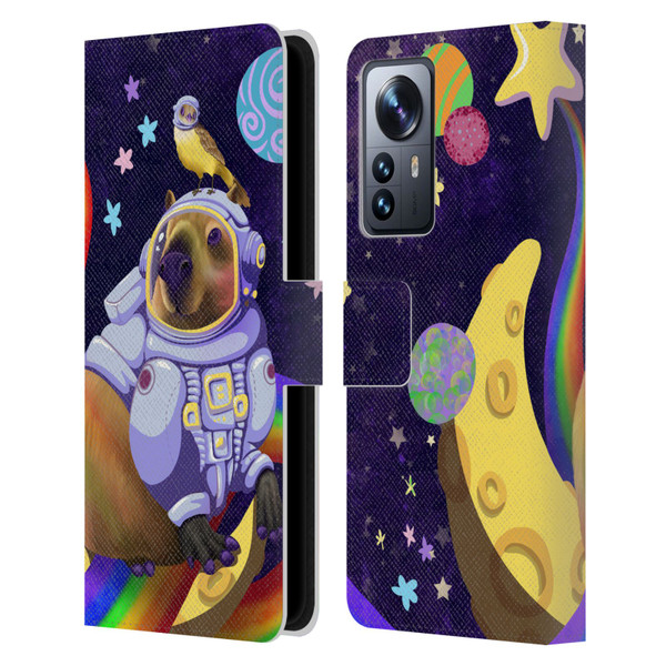 Carla Morrow Rainbow Animals Capybara Sitting On A Moon Leather Book Wallet Case Cover For Xiaomi 12 Pro