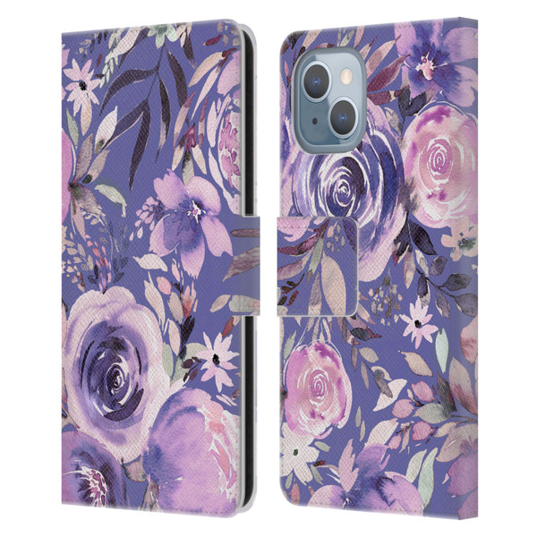 Ninola Lilac Floral Pastel Peony Roses Leather Book Wallet Case Cover For Apple iPhone 14