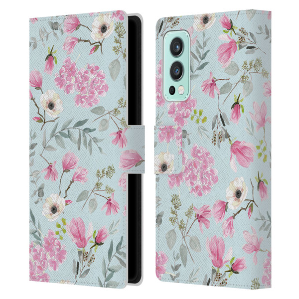 Anis Illustration Flower Pattern 2 Pink Leather Book Wallet Case Cover For OnePlus Nord 2 5G