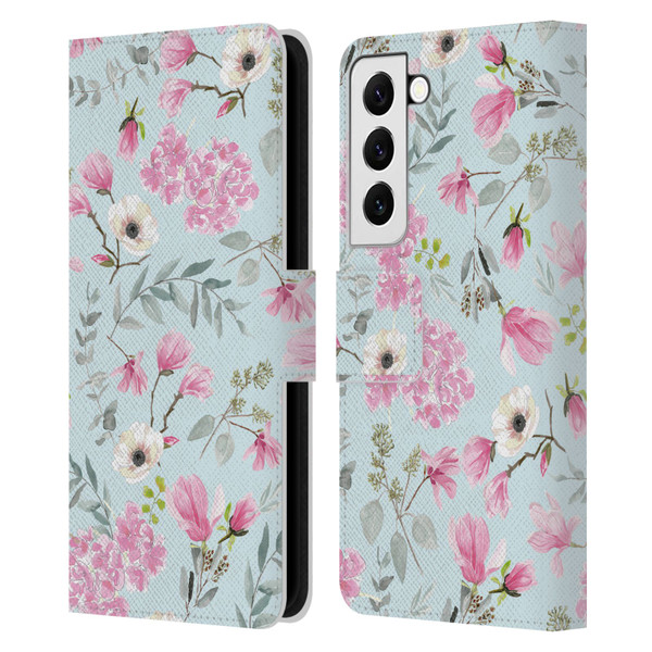 Anis Illustration Flower Pattern 2 Pink Leather Book Wallet Case Cover For Samsung Galaxy S22 5G