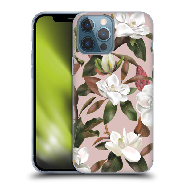 Anis Illustration Magnolias Pattern Light Pink Soft Gel Case for Apple iPhone 13 Pro Max