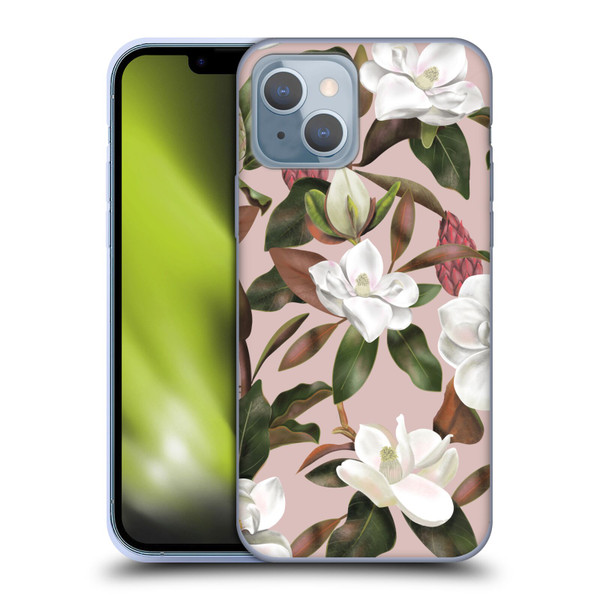 Anis Illustration Magnolias Pattern Light Pink Soft Gel Case for Apple iPhone 14