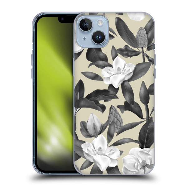 Anis Illustration Magnolias Grey Beige Soft Gel Case for Apple iPhone 14 Plus