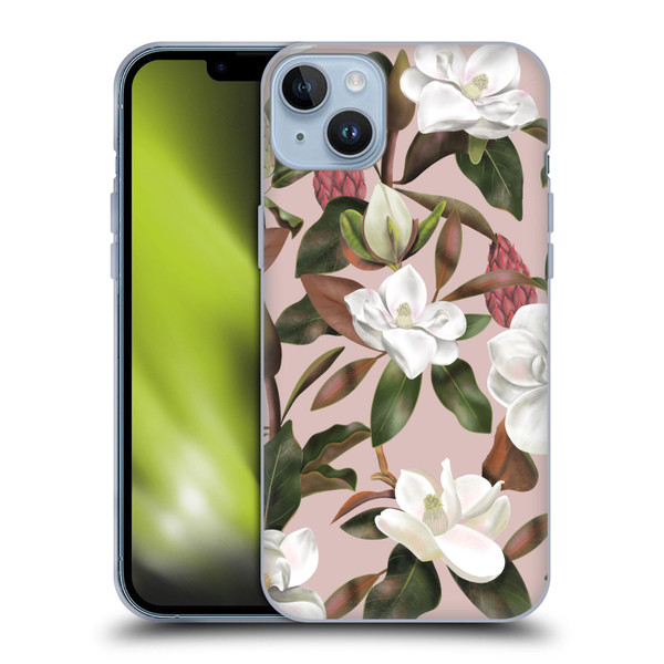 Anis Illustration Magnolias Pattern Light Pink Soft Gel Case for Apple iPhone 14 Plus