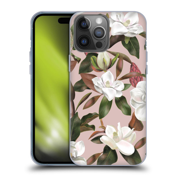 Anis Illustration Magnolias Pattern Light Pink Soft Gel Case for Apple iPhone 14 Pro Max