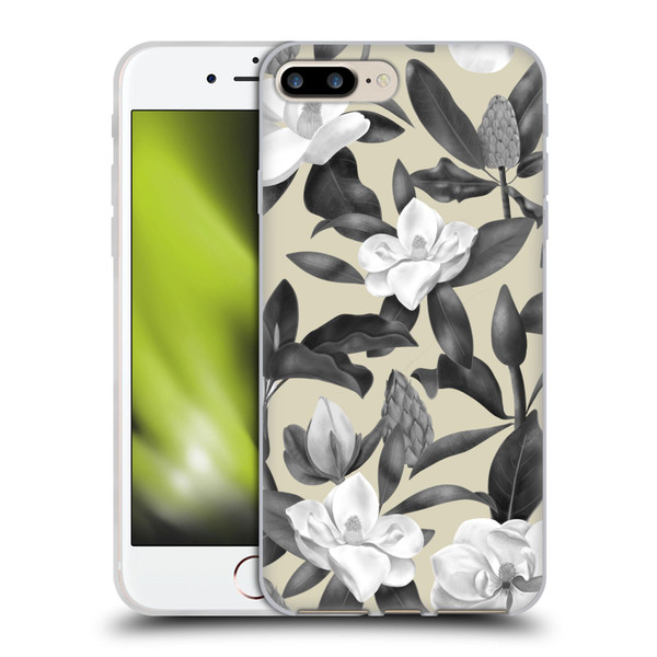 Anis Illustration Magnolias Grey Beige Soft Gel Case for Apple iPhone 7 Plus / iPhone 8 Plus