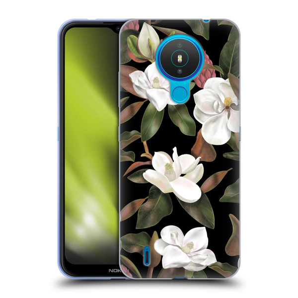 Anis Illustration Magnolias Pattern Black Soft Gel Case for Nokia 1.4