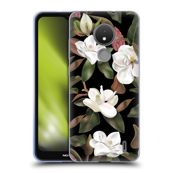 Anis Illustration Magnolias Pattern Black Soft Gel Case for Nokia C21