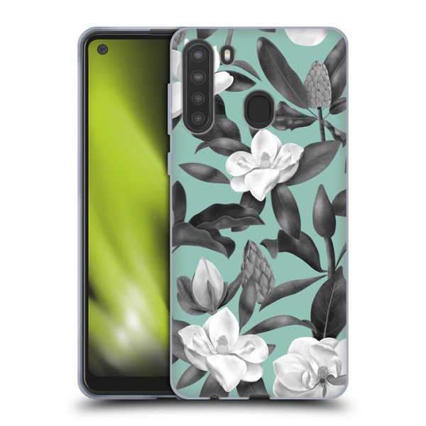 Anis Illustration Magnolias Grey Aqua Soft Gel Case for Samsung Galaxy A21 (2020)