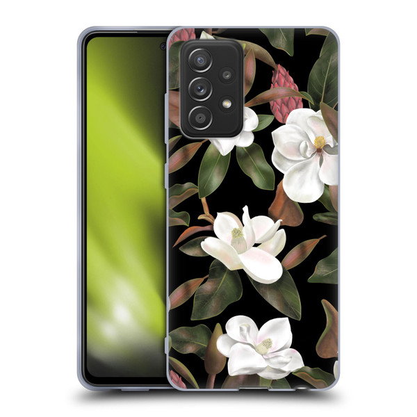 Anis Illustration Magnolias Pattern Black Soft Gel Case for Samsung Galaxy A52 / A52s / 5G (2021)
