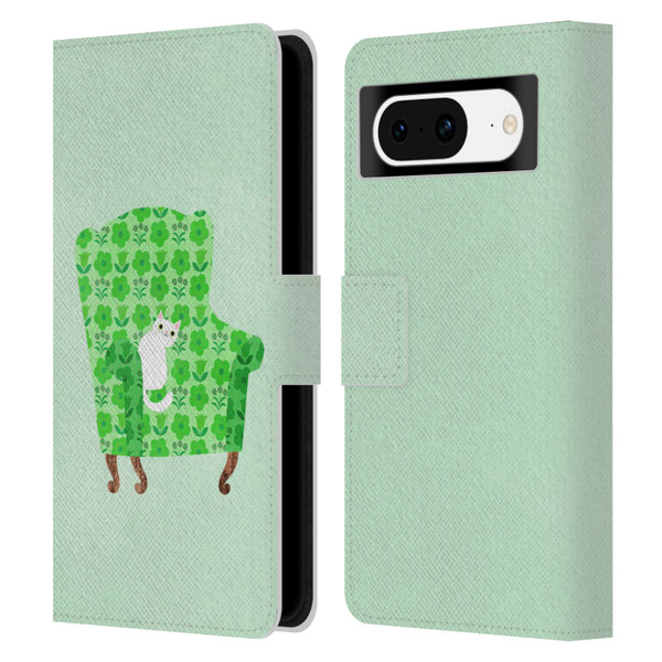 Planet Cat Arm Chair Spring Green Chair Cat Leather Book Wallet Case Cover For Google Pixel 8