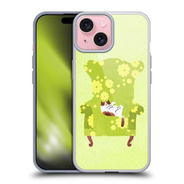 Planet Cat Arm Chair Lime Chair Cat Soft Gel Case for Apple iPhone 15