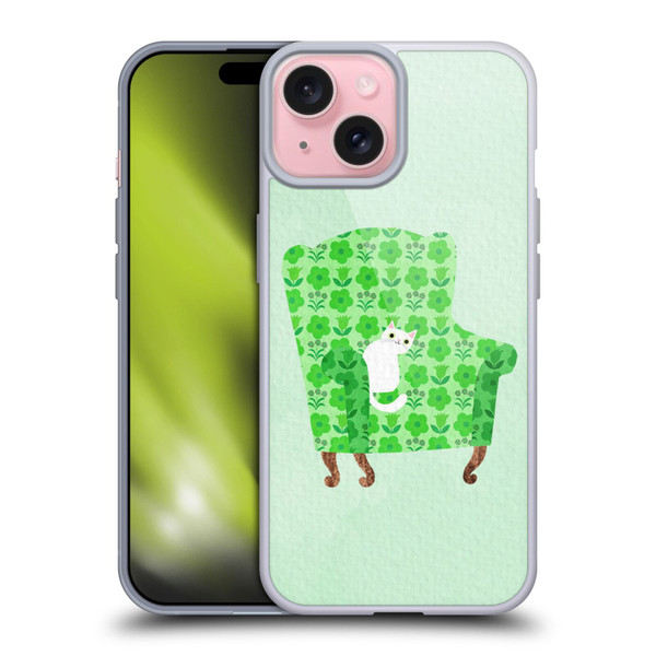 Planet Cat Arm Chair Spring Green Chair Cat Soft Gel Case for Apple iPhone 15