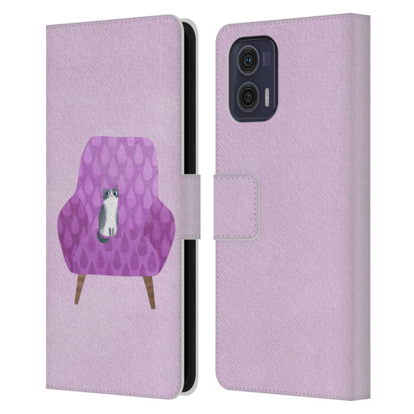Planet Cat Arm Chair Lilac Chair Cat Leather Book Wallet Case Cover For Motorola Moto G73 5G