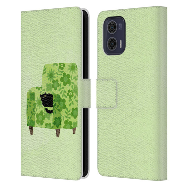 Planet Cat Arm Chair Pear Green Chair Cat Leather Book Wallet Case Cover For Motorola Moto G73 5G