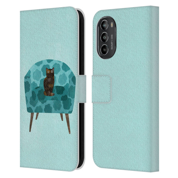 Planet Cat Arm Chair Teal Chair Cat Leather Book Wallet Case Cover For Motorola Moto G82 5G