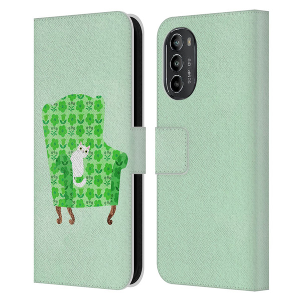 Planet Cat Arm Chair Spring Green Chair Cat Leather Book Wallet Case Cover For Motorola Moto G82 5G
