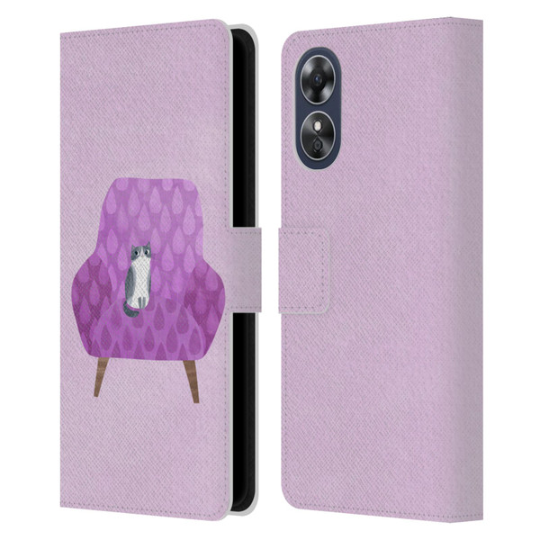 Planet Cat Arm Chair Lilac Chair Cat Leather Book Wallet Case Cover For OPPO A17