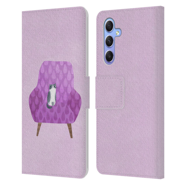 Planet Cat Arm Chair Lilac Chair Cat Leather Book Wallet Case Cover For Samsung Galaxy A34 5G