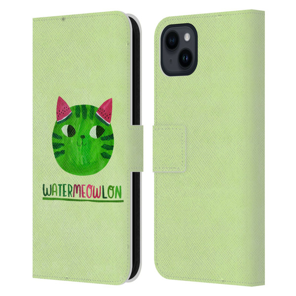 Planet Cat Puns Watermeowlon Leather Book Wallet Case Cover For Apple iPhone 15 Plus