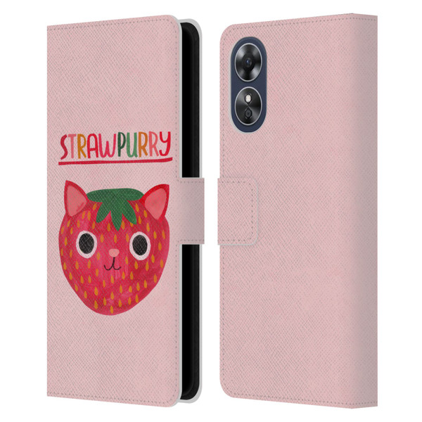 Planet Cat Puns Strawpurry Leather Book Wallet Case Cover For OPPO A17