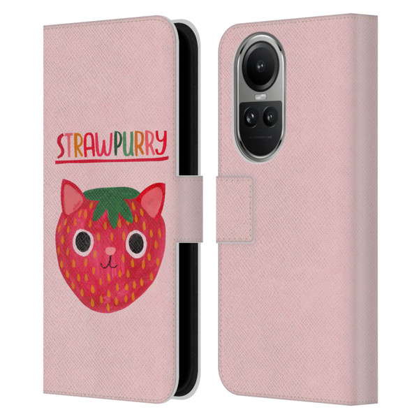 Planet Cat Puns Strawpurry Leather Book Wallet Case Cover For OPPO Reno10 5G / Reno10 Pro 5G
