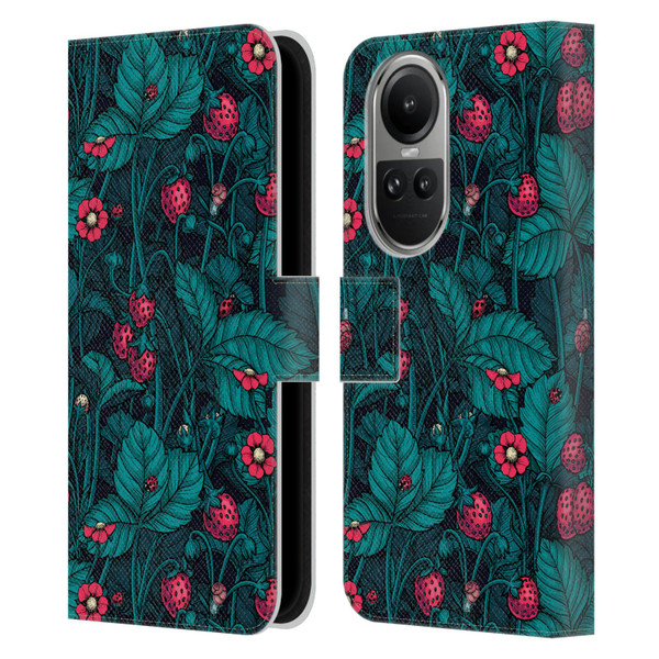 Katerina Kirilova Fruits & Foliage Patterns Wild Strawberries Leather Book Wallet Case Cover For OPPO Reno10 5G / Reno10 Pro 5G