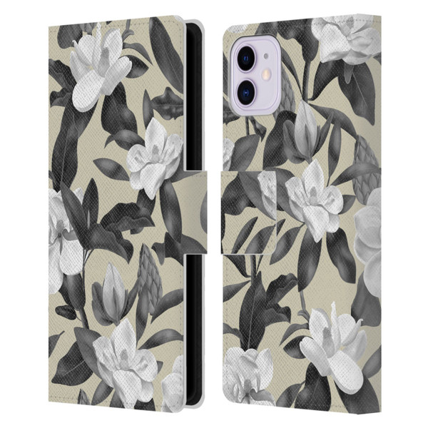 Anis Illustration Magnolias Grey Beige Leather Book Wallet Case Cover For Apple iPhone 11