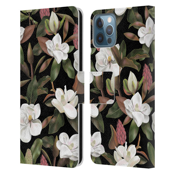 Anis Illustration Magnolias Pattern Black Leather Book Wallet Case Cover For Apple iPhone 12 / iPhone 12 Pro