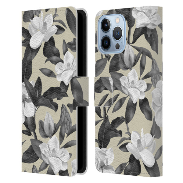Anis Illustration Magnolias Grey Beige Leather Book Wallet Case Cover For Apple iPhone 13 Pro Max