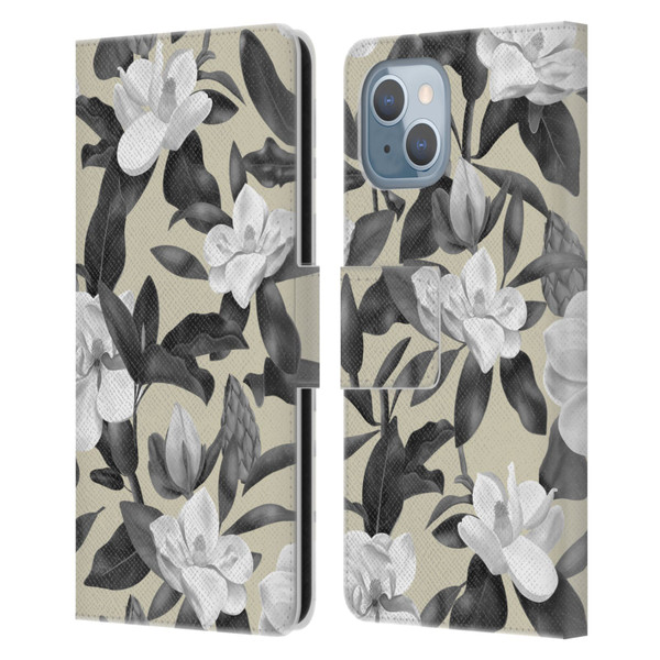 Anis Illustration Magnolias Grey Beige Leather Book Wallet Case Cover For Apple iPhone 14