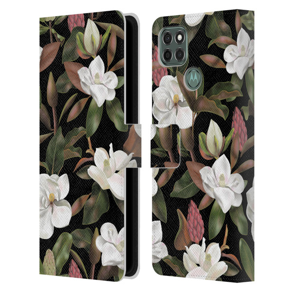 Anis Illustration Magnolias Pattern Black Leather Book Wallet Case Cover For Motorola Moto G9 Power