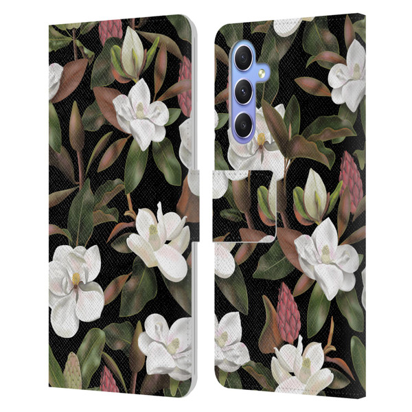 Anis Illustration Magnolias Pattern Black Leather Book Wallet Case Cover For Samsung Galaxy A34 5G