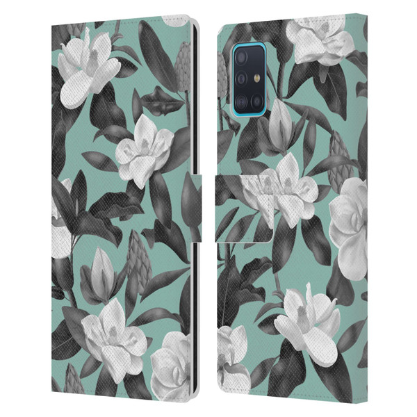 Anis Illustration Magnolias Grey Aqua Leather Book Wallet Case Cover For Samsung Galaxy A51 (2019)