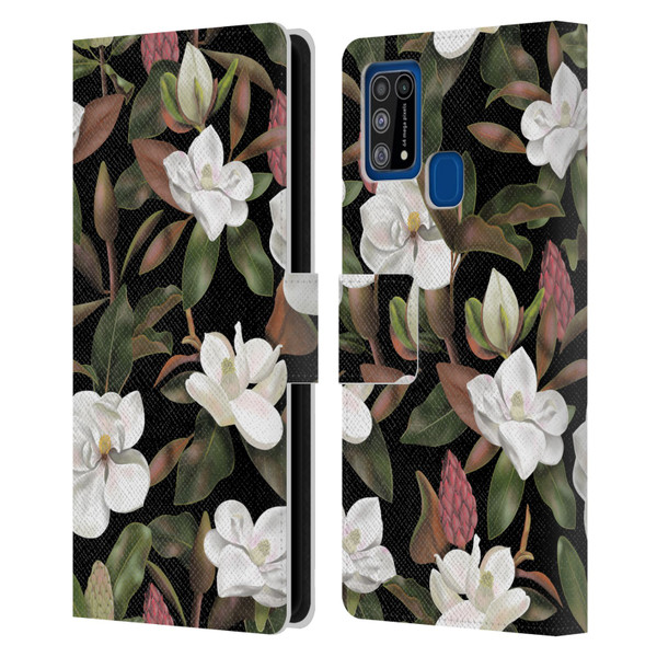 Anis Illustration Magnolias Pattern Black Leather Book Wallet Case Cover For Samsung Galaxy M31 (2020)