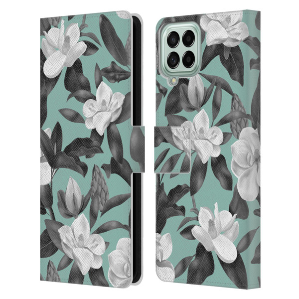 Anis Illustration Magnolias Grey Aqua Leather Book Wallet Case Cover For Samsung Galaxy M53 (2022)