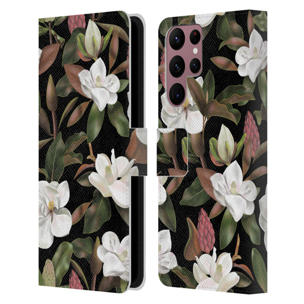 Anis Illustration Magnolias Pattern Black Leather Book Wallet Case Cover For Samsung Galaxy S22 Ultra 5G