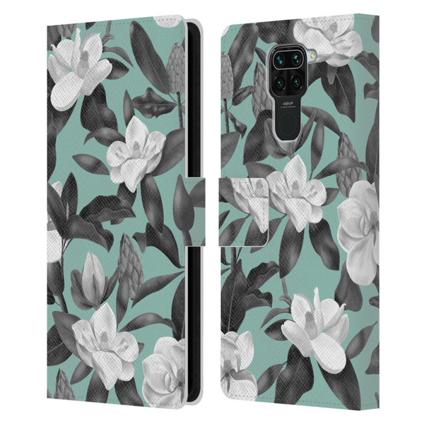 Anis Illustration Magnolias Grey Aqua Leather Book Wallet Case Cover For Xiaomi Redmi Note 9 / Redmi 10X 4G