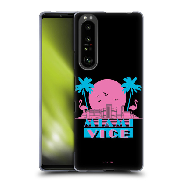 Miami Vice Graphics Sunset Flamingos Soft Gel Case for Sony Xperia 1 III