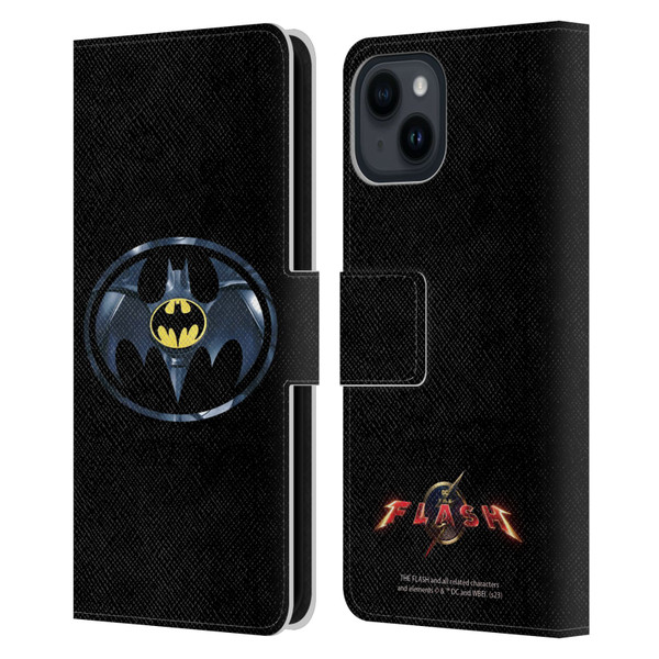 The Flash 2023 Graphics Black Batman Logo Leather Book Wallet Case Cover For Apple iPhone 15