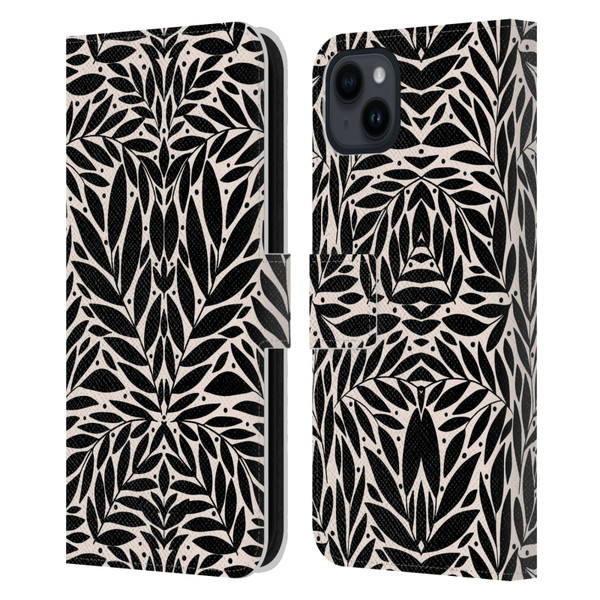 Gabriela Thomeu Floral Black And White Folk Leaves Leather Book Wallet Case Cover For Apple iPhone 15 Plus