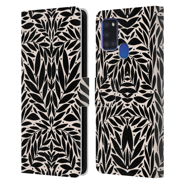 Gabriela Thomeu Floral Black And White Folk Leaves Leather Book Wallet Case Cover For Samsung Galaxy A21s (2020)