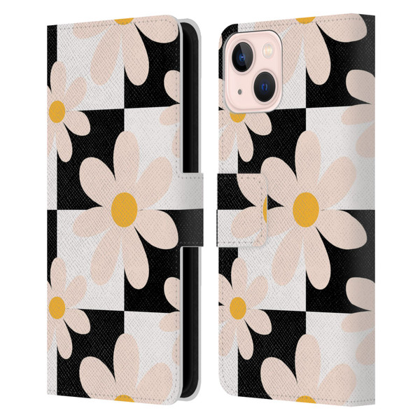Gabriela Thomeu Retro Black & White Checkered Daisies Leather Book Wallet Case Cover For Apple iPhone 13