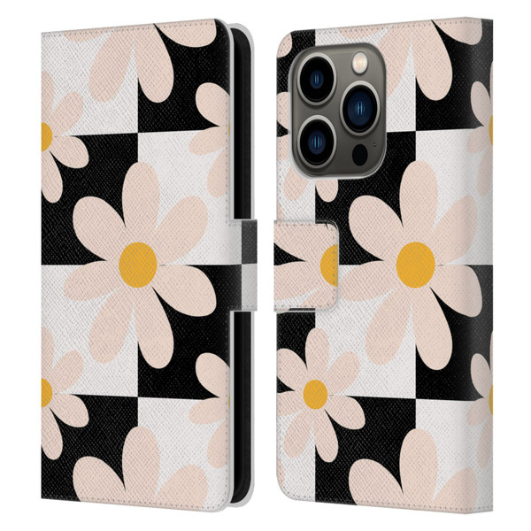 Gabriela Thomeu Retro Black & White Checkered Daisies Leather Book Wallet Case Cover For Apple iPhone 14 Pro