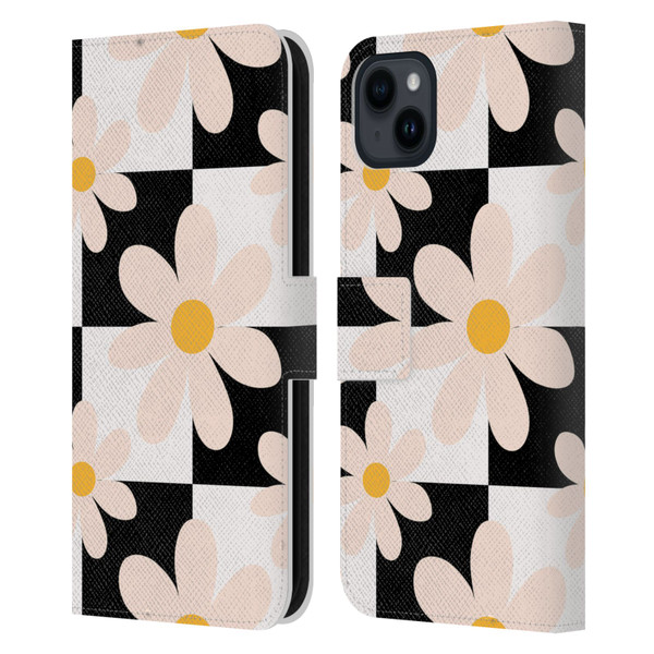 Gabriela Thomeu Retro Black & White Checkered Daisies Leather Book Wallet Case Cover For Apple iPhone 15 Plus