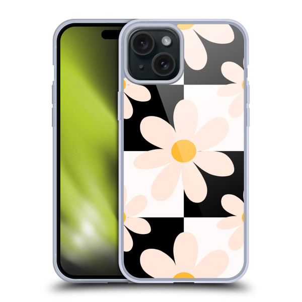 Gabriela Thomeu Retro Black & White Checkered Daisies Soft Gel Case for Apple iPhone 15 Plus
