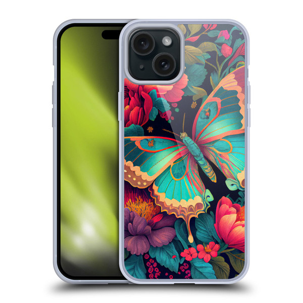 JK Stewart Art Butterfly And Flowers Soft Gel Case for Apple iPhone 15 Plus
